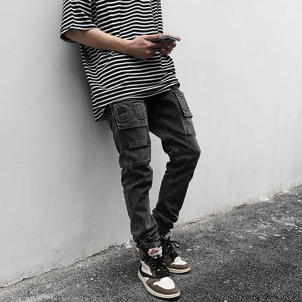 men's jeans harajuku high street black gray stretch male retro washed multi-pocket denim trousers hip hop ripped pants overalls, Blue
men's jeans harajuku high street black gray stretch male retro washed multi-pocket denim trousers hip hop ripped pants overalls, Blue