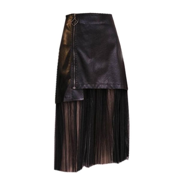 skirts chic 2021 spring autumn gauze patchwork faux leather european women zipper a-line midi, Black