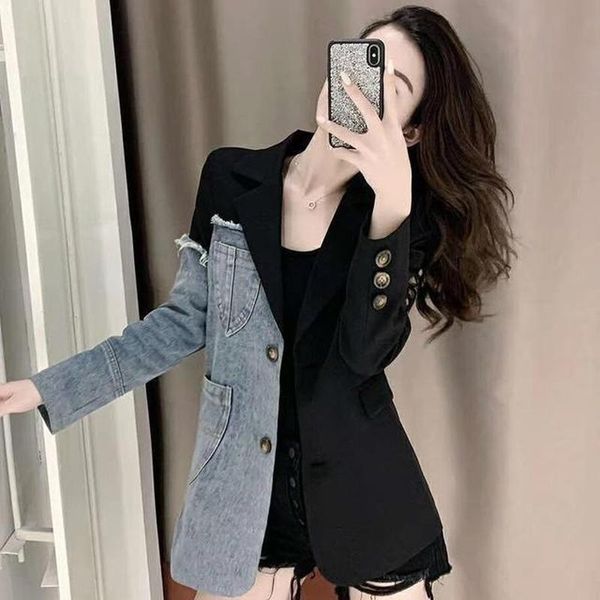 women's suits & blazers women 2021 spring korean fashion denim stitching coat vintage long sleeve blazer female outerwear y985, White;black
women's suits & blazers women 2021 spring korean fashion denim stitching coat vintage long sleeve blazer female outerwear y985, White;black