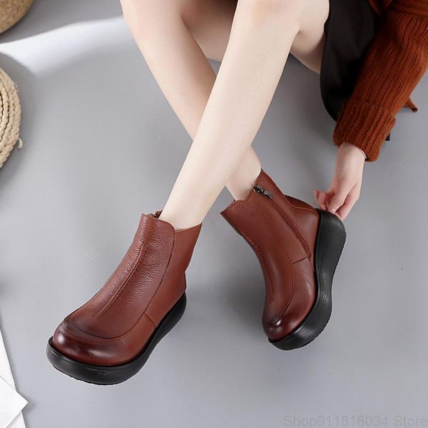 national style thick bottom muffin soft side zipper boots round head leather women's, Black
national style thick bottom muffin soft side zipper boots round head leather women's, Black
