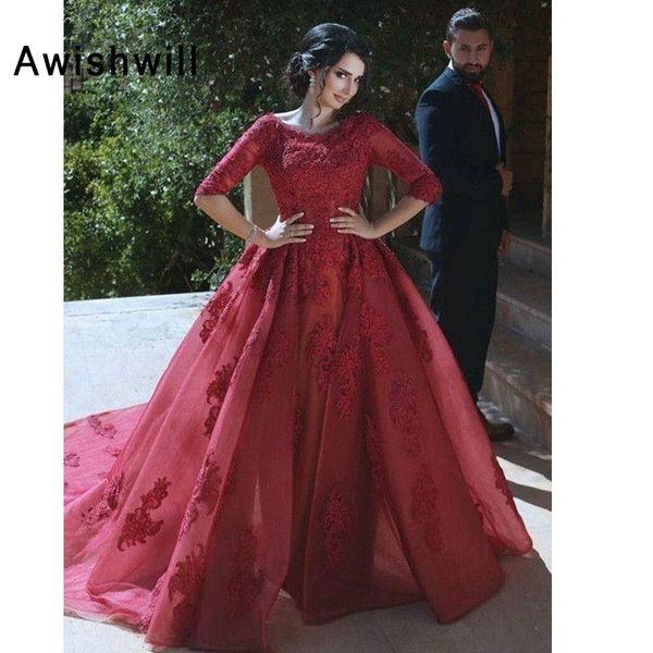 party dresses burgundy long evening dress half sleeves lace appliques tull elegant arabic prom with train women vestido de festa, White;black