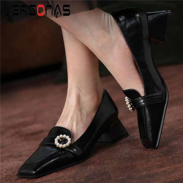 dress shoes verconas retro classic women pumps square toe thick heels spring summer genuine leather pearl buckle working casual woman, Black
dress shoes verconas retro classic women pumps square toe thick heels spring summer genuine leather pearl buckle working casual woman, Black