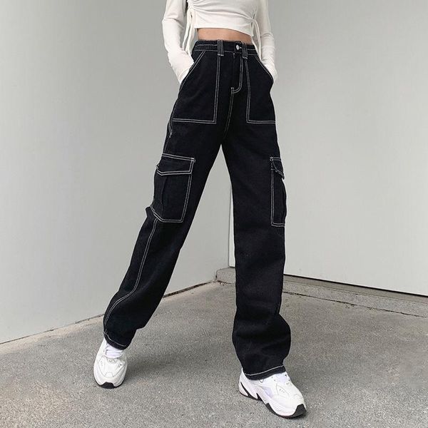 women's jeans bright line decoration cargo pants women straight high waist slim cotton denim casual wide leg black patchwork trousers, Blue
women's jeans bright line decoration cargo pants women straight high waist slim cotton denim casual wide leg black patchwork trousers, Blue