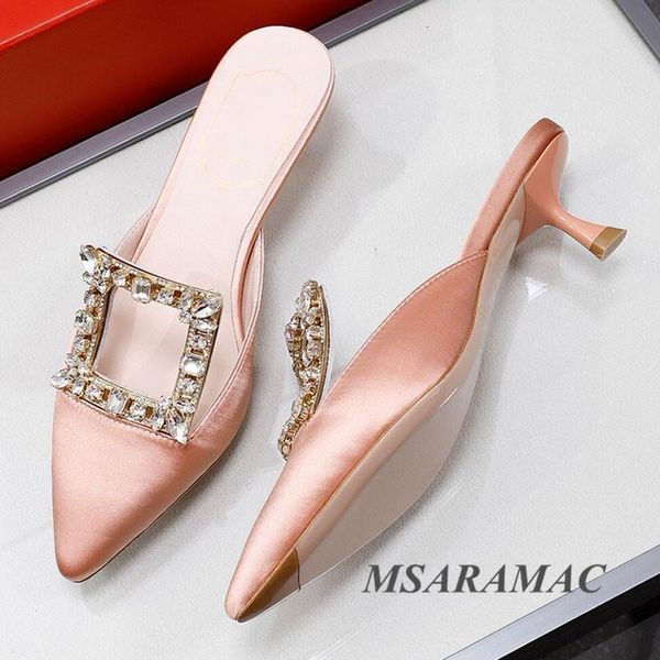 pink silk shiny crystal high-heel slippers leather lining pointed toe mules summer fashion street ladies outing, Black
pink silk shiny crystal high-heel slippers leather lining pointed toe mules summer fashion street ladies outing, Black