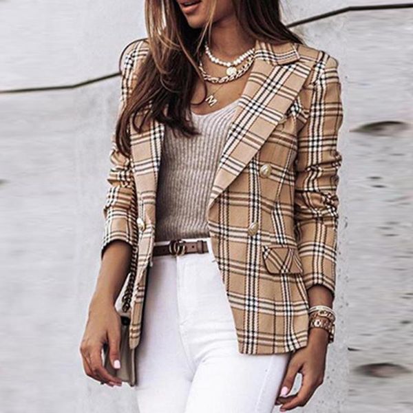 women's suits & blazers women plaid double button slim blazer autumn long sleeve office female casual turndown collar khaki ol 2021 fas, White;black
women's suits & blazers women plaid double button slim blazer autumn long sleeve office female casual turndown collar khaki ol 2021 fas, White;black