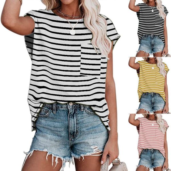 women's t-shirt summer ladies fashion striped patch pockets color matching elastic loose sleeveless large size round neck, White
women's t-shirt summer ladies fashion striped patch pockets color matching elastic loose sleeveless large size round neck, White