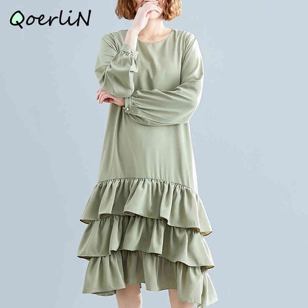 o-neck large size dress women summer new solid green vestidos female long sleeve loose casual cake dress ruffles dresses 210416, Black;gray
o-neck large size dress women summer new solid green vestidos female long sleeve loose casual cake dress ruffles dresses 210416, Black;gray