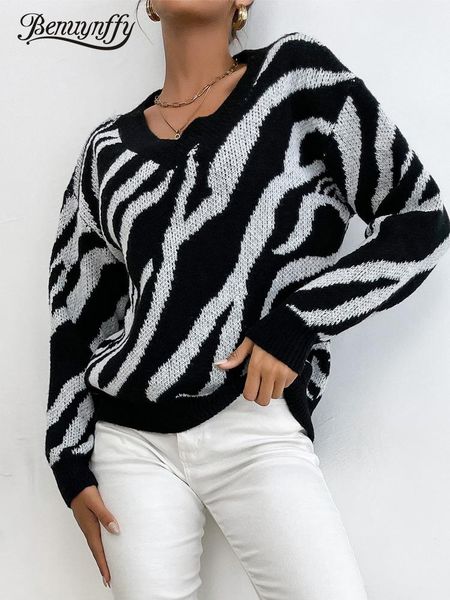 women's sweaters benuynffy zebra stripe pattern v-neck sweater women 2021 autumn winter fashion vintage knitted pullover loose female j, White;black
women's sweaters benuynffy zebra stripe pattern v-neck sweater women 2021 autumn winter fashion vintage knitted pullover loose female j, White;black