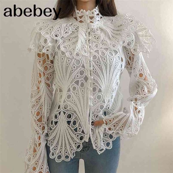spring flare sleeve turtleneck white lace hollow out embroidery blouse women ruffles shirt fashion clothes 210730
spring flare sleeve turtleneck white lace hollow out embroidery blouse women ruffles shirt fashion clothes 210730