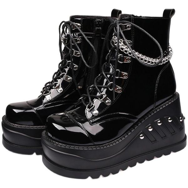boots womens patent leather rivet platform wedge high heel ankle metal chain punk motorcycle shoes 2021, Black
boots womens patent leather rivet platform wedge high heel ankle metal chain punk motorcycle shoes 2021, Black