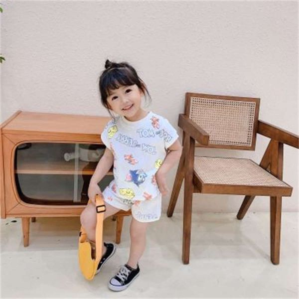 girls' cartoon printing set summer korean version leisure two piece children's cat and mouse fashion, White 
girls' cartoon printing set summer korean version leisure two piece children's cat and mouse fashion, White