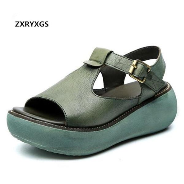 dress shoes 2021 retro summer women sandals fashion casual thick bottom wedges real leather, Black