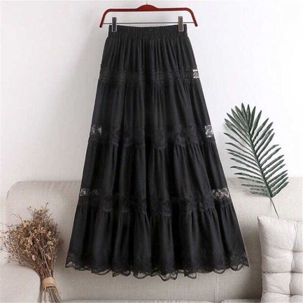 long pleated skirt black casual wild summer midi saia women high waist loose chiffon lace stitching white purple for ladies 210619
long pleated skirt black casual wild summer midi saia women high waist loose chiffon lace stitching white purple for ladies 210619