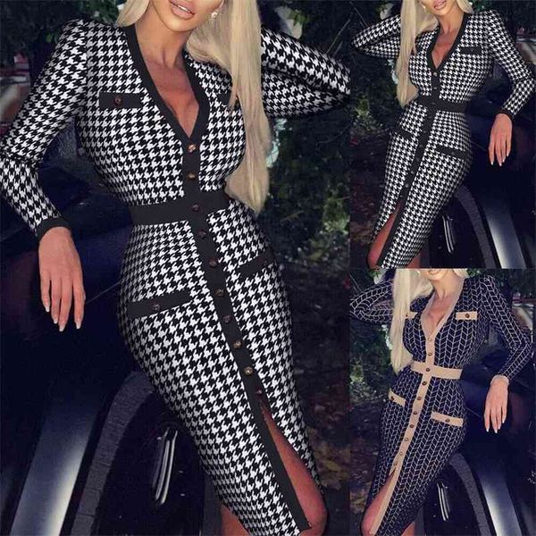 bodycon dress spring long-sleeved v-neck bag hip button retro dress female single-breasted houndstooth slim midi dresses 210329, Black;gray
bodycon dress spring long-sleeved v-neck bag hip button retro dress female single-breasted houndstooth slim midi dresses 210329, Black;gray