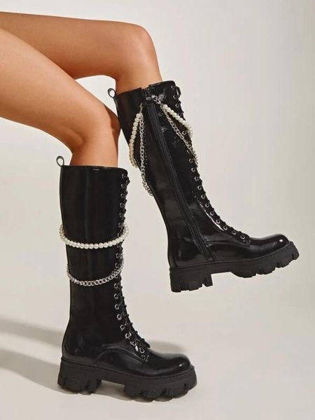 boots women high-knee modern chain & faux pearls decor square heel side zipper round toe cross-tied sole ladies shoes, Black
boots women high-knee modern chain & faux pearls decor square heel side zipper round toe cross-tied sole ladies shoes, Black
