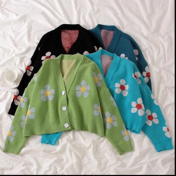 spring flower knit cardigans vintage women sweater style loose print short cute v neck female elegant thicked coat, White;black
spring flower knit cardigans vintage women sweater style loose print short cute v neck female elegant thicked coat, White;black