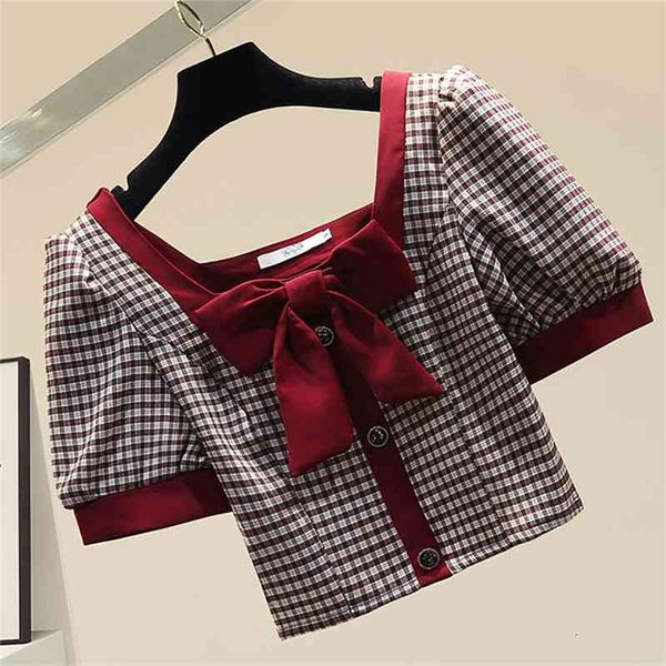 women's knits & tees fashion square collar bow plaid short women blouses straight sleeve shirts diamond button shirt summer b, White
women's knits & tees fashion square collar bow plaid short women blouses straight sleeve shirts diamond button shirt summer b, White