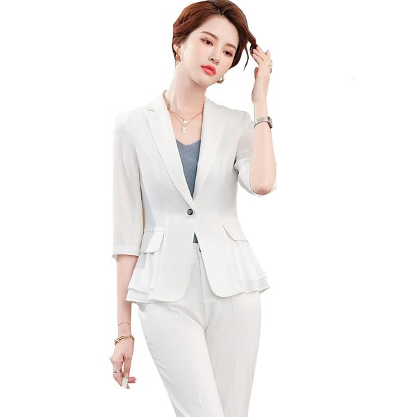 women's suits & blazers black white women half sleeve ruffle blazer and pant suit elegant office lady formal two piece set for spring s, White;black
women's suits & blazers black white women half sleeve ruffle blazer and pant suit elegant office lady formal two piece set for spring s, White;black