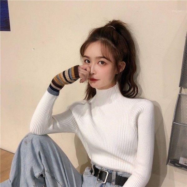sleeve color matching half high collar base shirt women's autumn winter 2021 korean slim basic knitted sweaters, White;black
sleeve color matching half high collar base shirt women's autumn winter 2021 korean slim basic knitted sweaters, White;black
