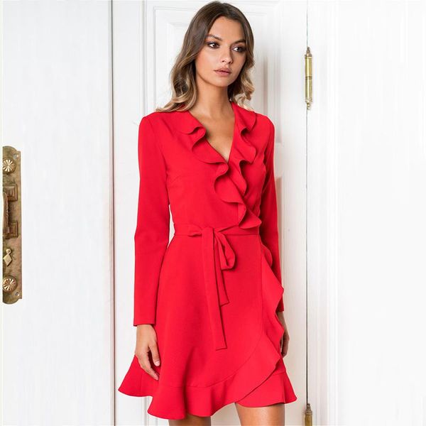 ruffles sashes v neck dress women solid color long sleeves a-line autumn mini slim red christmas party casual dresses, Black;gray
ruffles sashes v neck dress women solid color long sleeves a-line autumn mini slim red christmas party casual dresses, Black;gray