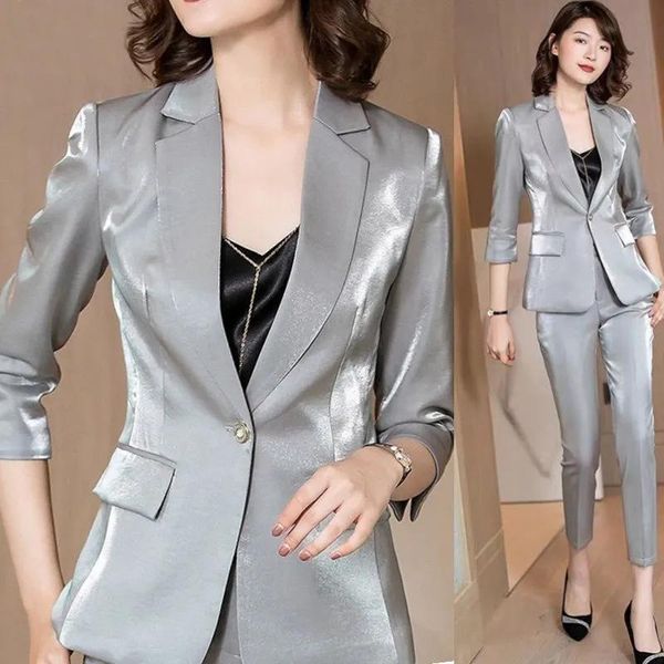 women's two piece pants suit acetate silk face fashion jacket thin section slim professional nine-point two-piece sets, White
women's two piece pants suit acetate silk face fashion jacket thin section slim professional nine-point two-piece sets, White