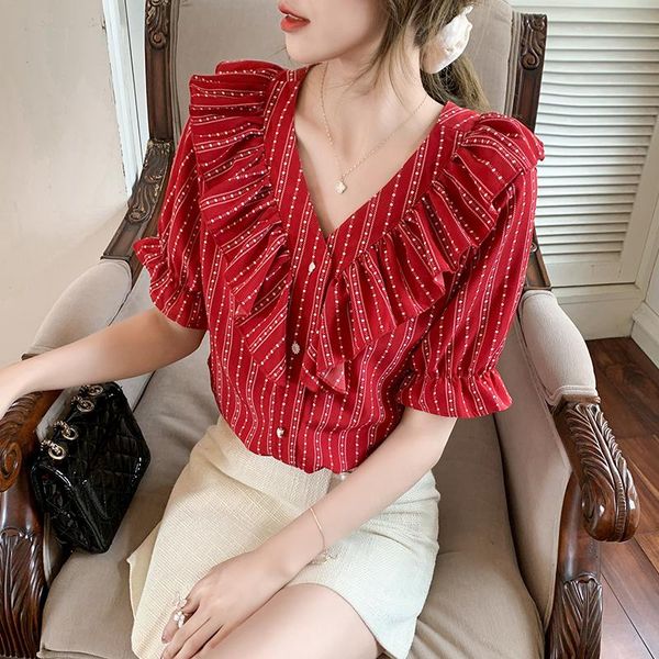 women's blouses & shirts summer korean fashion blouse red striped female chiffon printing shirt lady elegant ruffles ladies backless, White
women's blouses & shirts summer korean fashion blouse red striped female chiffon printing shirt lady elegant ruffles ladies backless, White