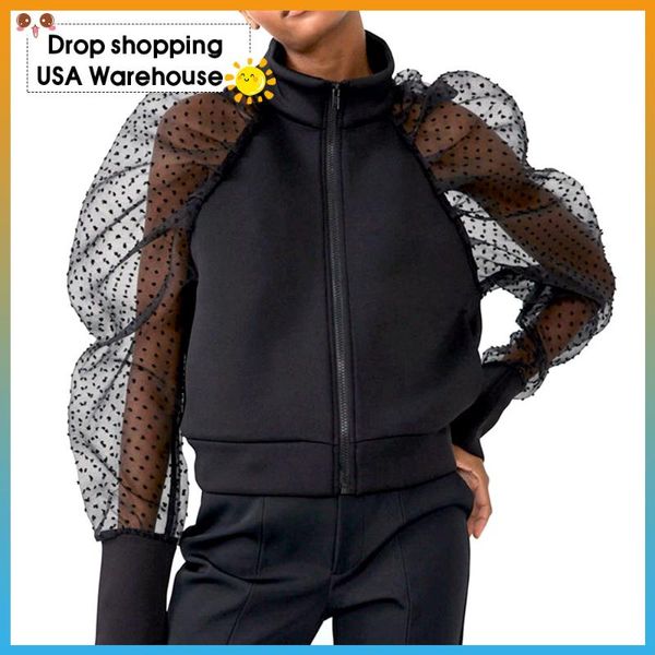 women's hoodies & sweatshirts 2021 autumn winter stitching organza polka dot puff sleeve solid short jacket casual long warm outerwear, Black
women's hoodies & sweatshirts 2021 autumn winter stitching organza polka dot puff sleeve solid short jacket casual long warm outerwear, Black