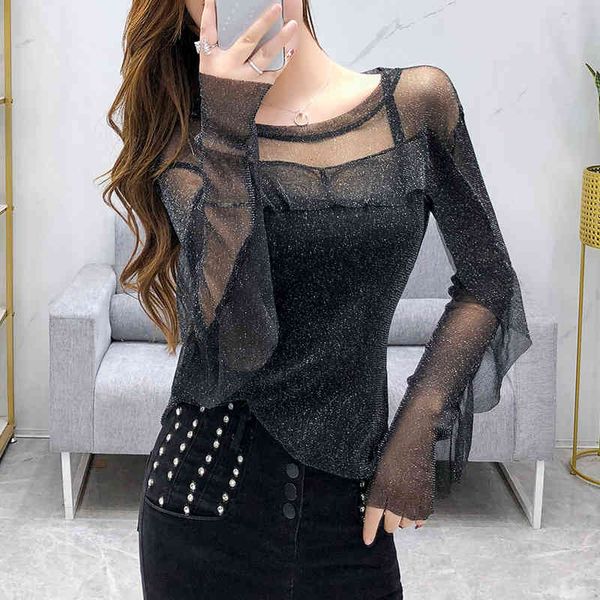 women's t-shirt spring european clothes t-shirt fashion shiny transparent patchwork mesh ruffles women ropa mujer tees t, White
women's t-shirt spring european clothes t-shirt fashion shiny transparent patchwork mesh ruffles women ropa mujer tees t, White