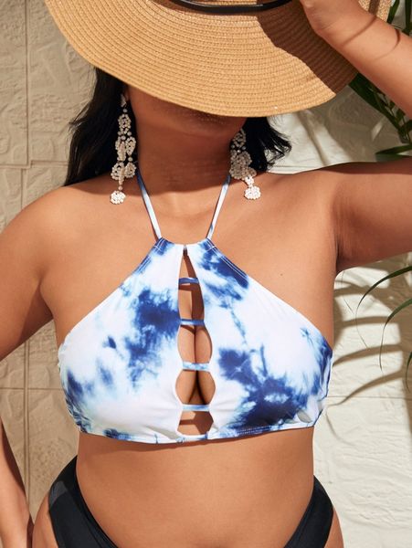 plus tie dye halter bikini b451#, Black