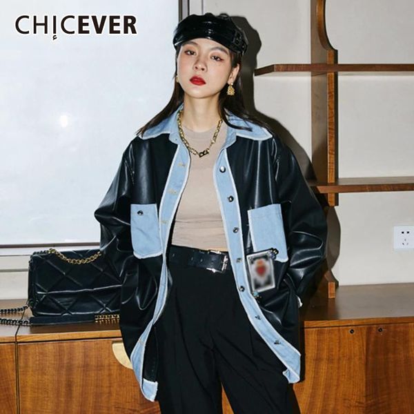 women's jackets chicever casual two tone patchwork pu leather jacket for women lapel long sleeve straight loose coat 2021 autumn stylis, Black;brown
women's jackets chicever casual two tone patchwork pu leather jacket for women lapel long sleeve straight loose coat 2021 autumn stylis, Black;brown