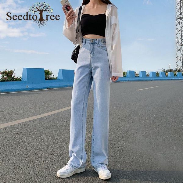 women's jeans solid color casual high waist straight wide leg pants loose denim trousers, Blue
women's jeans solid color casual high waist straight wide leg pants loose denim trousers, Blue