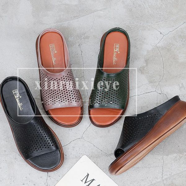 national style retro mother slippers women wear leather flat bottomed middle-aged and elderly thick hole sandals, Black
national style retro mother slippers women wear leather flat bottomed middle-aged and elderly thick hole sandals, Black