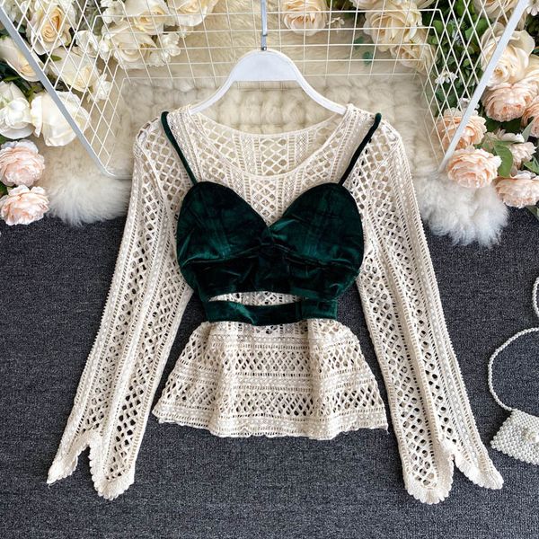 women's blouses & shirts women 2pcs ladies hollow long-sleeved with veet camisole slim knitted pullover blusas femininas q4aj, White
women's blouses & shirts women 2pcs ladies hollow long-sleeved with veet camisole slim knitted pullover blusas femininas q4aj, White