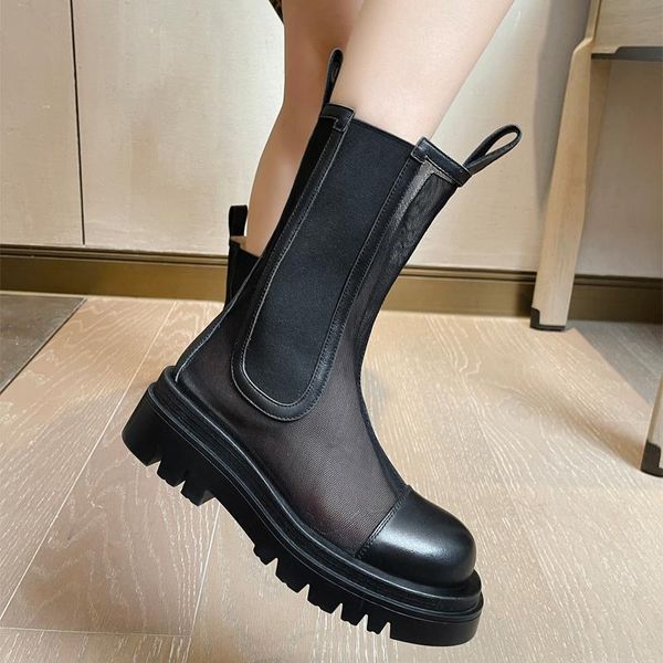 summer boots women round toe shoes boots-women flat heel rubber ankle rock high sandals 2021 leather genuine ladies, Black