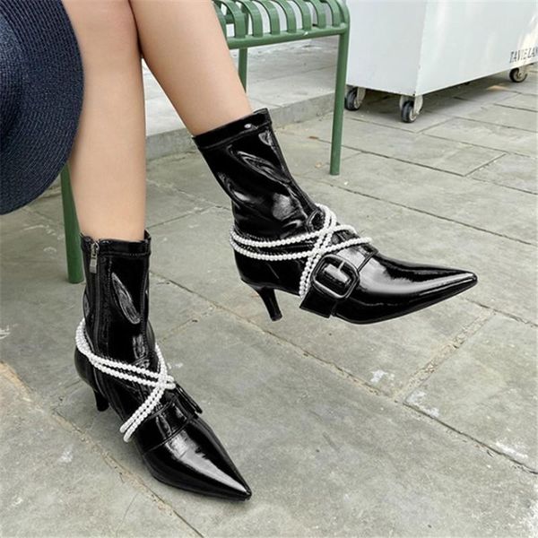 boots pxelena designer string beads buckle kitten high heels ankle women genuine patent leather pointed toe dress party shoes 39, Black
boots pxelena designer string beads buckle kitten high heels ankle women genuine patent leather pointed toe dress party shoes 39, Black