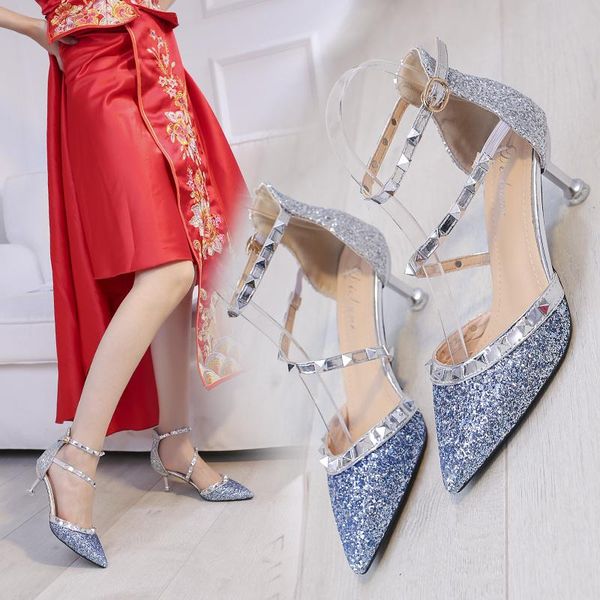 sandals plus size 42 women rivets pumps pointed toe bling wedding shoes woman glitter dress sandalias mujer, Black 
sandals plus size 42 women rivets pumps pointed toe bling wedding shoes woman glitter dress sandalias mujer, Black