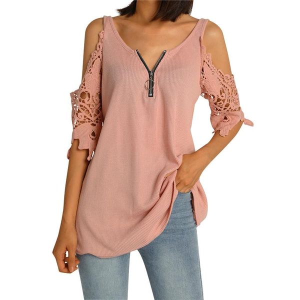 women's t-shirt korean style cold shoulder summer lace knitted clothes casual short sleeve loose shirts v neck woman t shirt, White
women's t-shirt korean style cold shoulder summer lace knitted clothes casual short sleeve loose shirts v neck woman t shirt, White