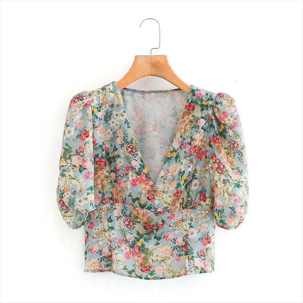 french style fashion flower womens shirt print za short chic lady puff sleeve floral v neck shirts, White
french style fashion flower womens shirt print za short chic lady puff sleeve floral v neck shirts, White