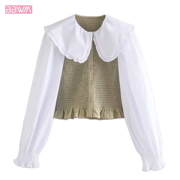 spring women chic lapel long sleeves fashion black white stitched doll collar t-shirt vintage women's stretch shirt 210507
spring women chic lapel long sleeves fashion black white stitched doll collar t-shirt vintage women's stretch shirt 210507