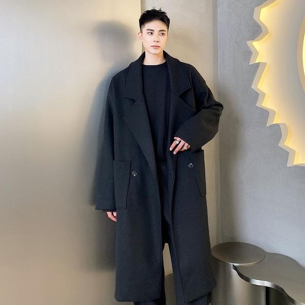 men's wool & blends black suit collar cashmere coat medium long woolen autumn winter casual fashion trend loose