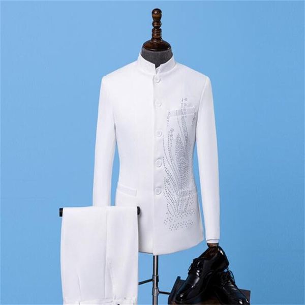 men's suits & blazers blazer men chinese tunic suit set with pants white mens wedding costume singer stand collar clothing formal dress, White;black
men's suits & blazers blazer men chinese tunic suit set with pants white mens wedding costume singer stand collar clothing formal dress, White;black