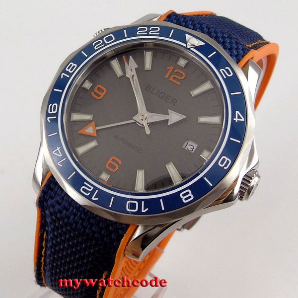 41mm bliger grey dial gmt sapphire glass blue ceramic bezel automatic mens watch, Slivery;brown
41mm bliger grey dial gmt sapphire glass blue ceramic bezel automatic mens watch, Slivery;brown