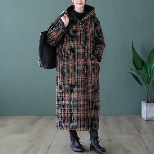 johnature women vintage plaid parkas button thick hooded coats winter button warm women clothes pockets long parkas 210521, Black
johnature women vintage plaid parkas button thick hooded coats winter button warm women clothes pockets long parkas 210521, Black