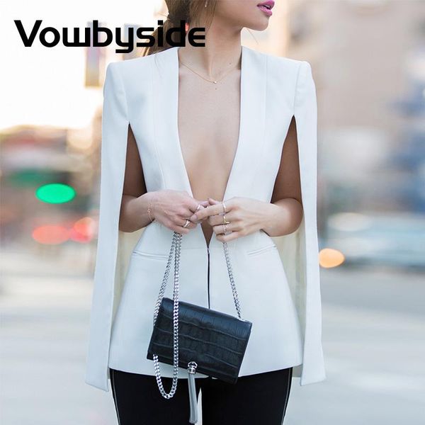 women's suits & blazers plunge slit cape blazer coat women elegant office work, White;black
women's suits & blazers plunge slit cape blazer coat women elegant office work, White;black