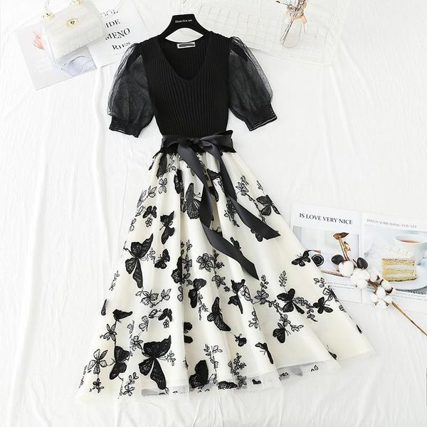 party dresses lace embroidered stitching sweater women summer v-neck dress knitted elastic waist retro lady ribbed pullover, White;black
party dresses lace embroidered stitching sweater women summer v-neck dress knitted elastic waist retro lady ribbed pullover, White;black