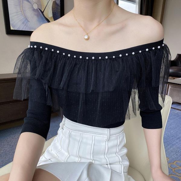 summer women designer slash neck off the shoulder club knitted sweaters pearls ruffles mesh patchwork jc455 women's, White;black
summer women designer slash neck off the shoulder club knitted sweaters pearls ruffles mesh patchwork jc455 women's, White;black