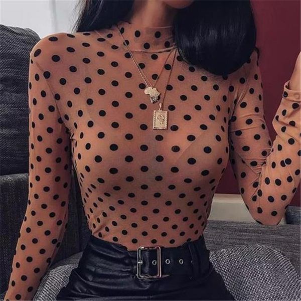 sheer mesh tee casual womens long sleeve turtleneck polka dots print slim clubwear, White
sheer mesh tee casual womens long sleeve turtleneck polka dots print slim clubwear, White