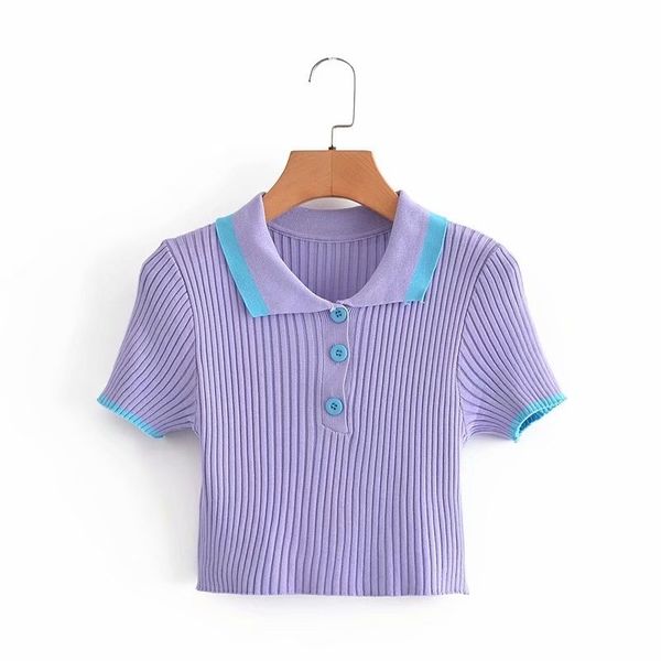 women lapel short sleeve contrast color t-shirt vintage slim short cropped navel chic female 210507, White
women lapel short sleeve contrast color t-shirt vintage slim short cropped navel chic female 210507, White