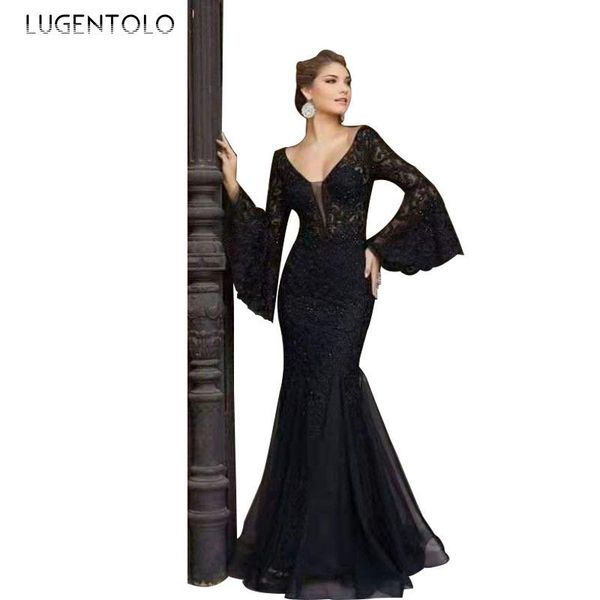 casual dresses lugentolo black party dress women noble slim fashion fishtail solid empire flare sleeve v-neck lace summer maxi, Black;gray
casual dresses lugentolo black party dress women noble slim fashion fishtail solid empire flare sleeve v-neck lace summer maxi, Black;gray