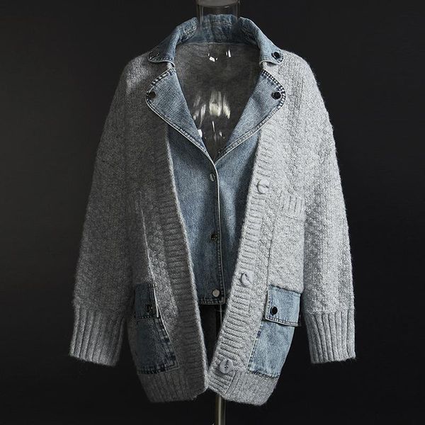 women's wool & blends women oversize loose winter coat long false two piece thick knitted denim, Black
women's wool & blends women oversize loose winter coat long false two piece thick knitted denim, Black